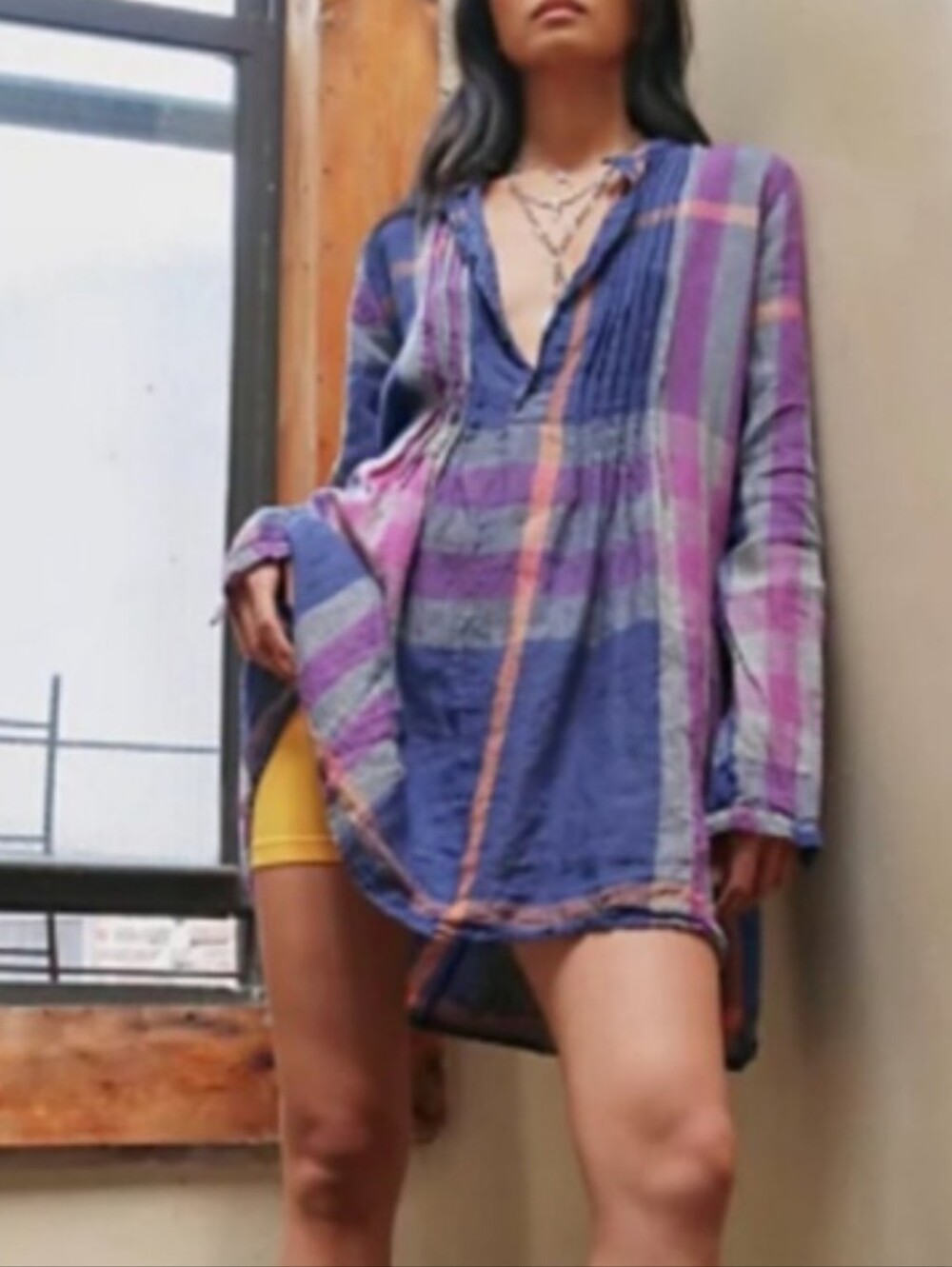 CP Shades Free People Madras Yoko Tunic Dress XL Purple Pintuck Relaxed Slouchy